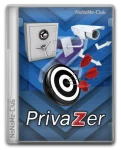 An image for PrivaZer Pro software. The design shows a vault, security camera, and bullseye target with red darts, symbolizing security and precision. The background includes blue arrows indicating movement or data transfer. The text "PrivaZer Pro" is displayed prominently.
