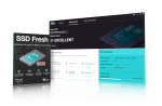 The image shows a software interface for Abelssoft SSD Fresh, a tool designed for SSD optimization to enhance power and lifetime. The screen displays details about the SSD, such as health status, temperature, and free space, along with a product box image labeled "SSD Fresh.