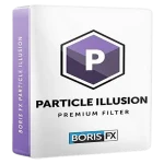The image displays the packaging for Boris FX Particle Illusion Pro. The package is primarily white with a hexagonal logo containing a "P" in the center and features a purple color scheme. The brand name "Boris FX" is prominently displayed at the bottom.