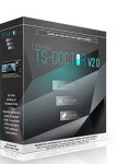 Image of a software box for Cypheros TS-Doctor V2.0 by KhanPC. The design is predominantly black and grey with a simple, modern layout. Key features listed include analyzing, cutting, and fixing digital recordings from various sources like satellite receivers and camcorders.