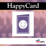 A minimalist graphic with a purple greeting card icon featuring a smiley face is centered on a blurred background. The text "Abelssoft HappyCard 2024" is displayed at the top, and the logo "Abelssoft" appears at the bottom right corner.