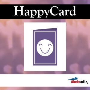 A minimalist graphic with a purple greeting card icon featuring a smiley face is centered on a blurred background. The text "Abelssoft HappyCard 2024" is displayed at the top, and the logo "Abelssoft" appears at the bottom right corner.