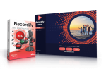 A software product image for Abelssoft Recordify 2024. The packaging showcases a microphone and music notes with the text "Save streaming music forever." The screen features a user interface with options for Playlist, Albums, and Single, against a background of people on a beach.