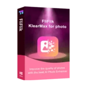 A product box for "FLiFlik KlearMax for photo v1.0.2.0" is displayed. The box features a gradient purple and pink design with an icon of a photo being enhanced. The text reads, "Improve the quality of photos with the best AI Photo Enhancer.