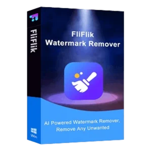 A software package box for "FliFlik Watermark Remover v6.0.0." The box features an icon of a hand holding a magic wand on a blue background. Text reads "AI Powered Watermark Remover, Remove Any Unwanted Mark," and includes the Windows and AppDoze logos at the bottom left.