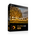 Image of a box for InPixio Eclipse HDR PRO software. The box displays a sunlit tree in a field with a stunning sunrise or sunset in the background. The product logo and name, "InPixio Eclipse HDR PRO," are prominently showcased on the bottom against a sleek black backdrop.