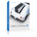 A product box for O&O Defrag Professional 28 software is displayed. The box features an illustration of a car with an open trunk carrying computer hard drives. The box is primarily white with blue accents, and the text "O&O Defrag Professional 28" is prominently shown on the front.