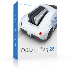 A product box for O&O Defrag Professional 28 software is displayed. The box features an illustration of a car with an open trunk carrying computer hard drives. The box is primarily white with blue accents, and the text "O&O Defrag Professional 28" is prominently shown on the front.